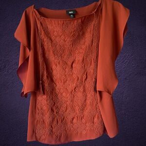 Mossimo Supply Co.Brown embroidery Ruffle sleeves shiny silky top Size S